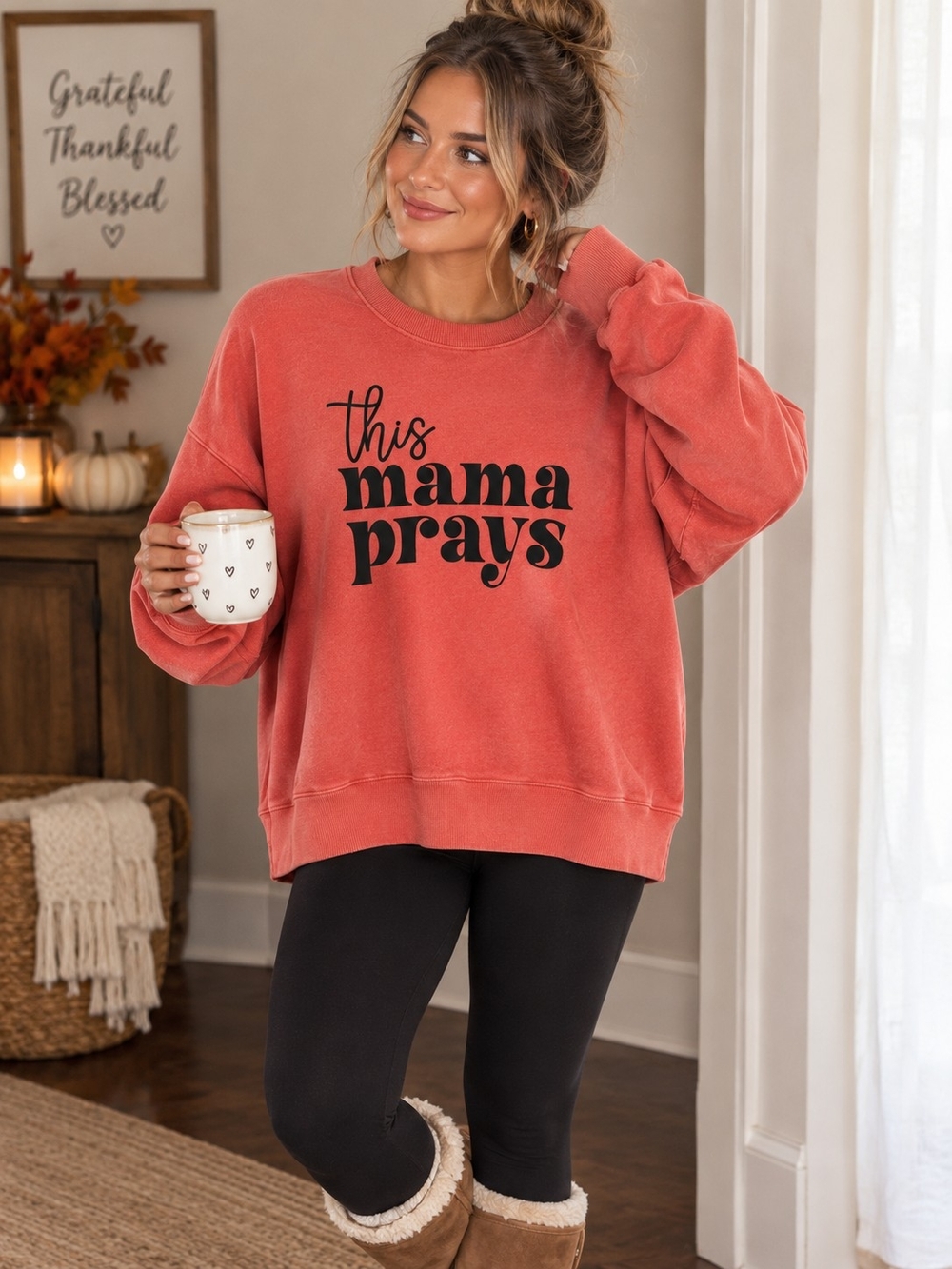 HG Creations “This Mama Prays” Oversized Graphic Sweatshirt Coral Faith Mom Nwt